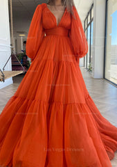 A Line V Neck Full Long Sleeve Long Floor Length Chiffon Prom Dress With Pleated