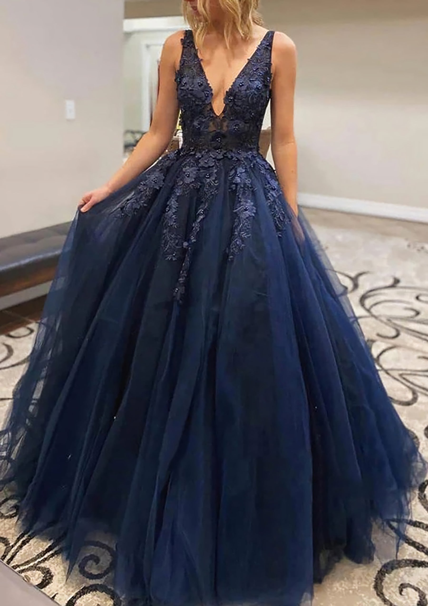 A Line V Neck Long Floor Length Lace Tulle Prom Dress With Appliqued