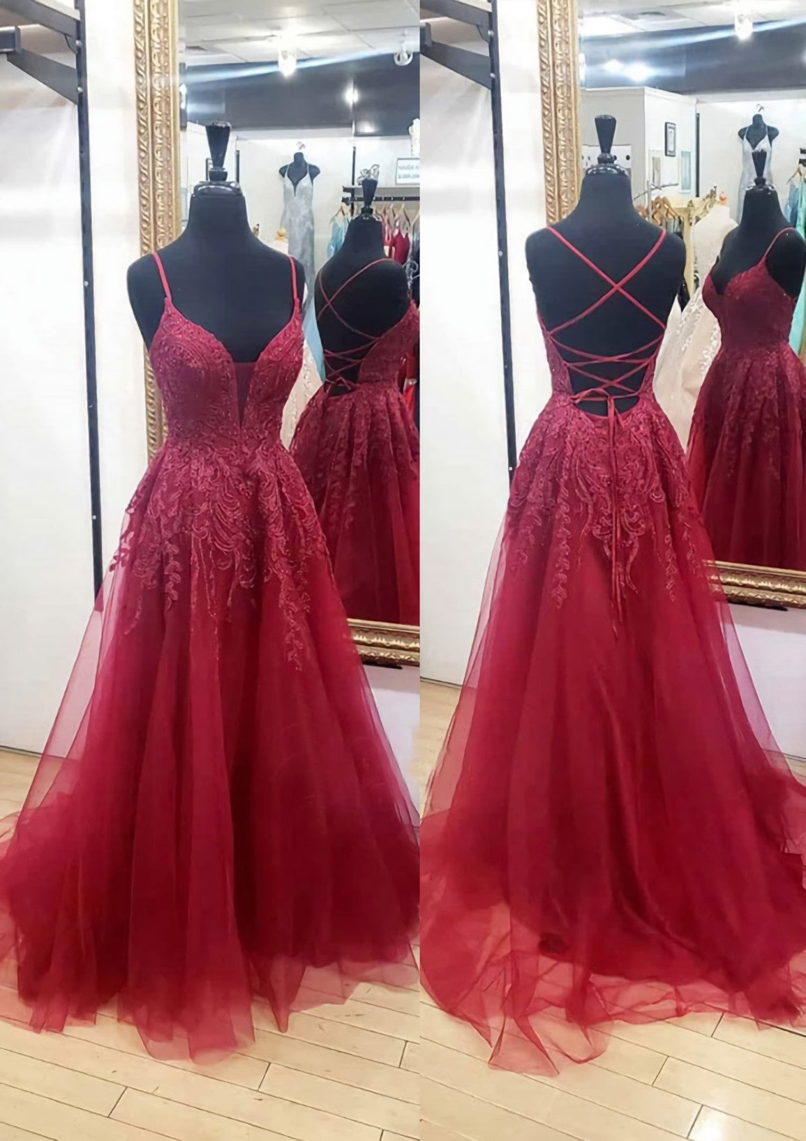 A Line V Neck Sleeveless Chapel Train Tulle Prom Dress With Appliqued Lace