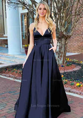 A Line V Neck Sleeveless Charmeuse Long Floor Length Prom Dress With Pockets