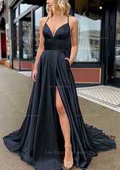 A Line V Neck Sleeveless Charmeuse Sweep Train Prom Dress With Pockets