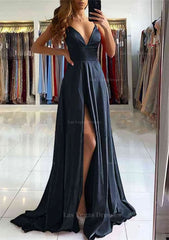 A Line V Neck Sleeveless Charmeuse Sweep Train Prom Dress With Split