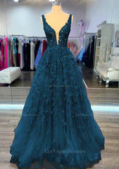 A Line V Neck Sleeveless Long Floor Length Lace Prom Dress With Beading