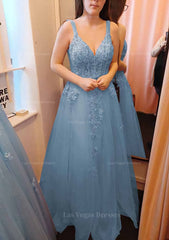 A Line V Neck Sleeveless Long Floor Length Tulle Prom Dress With Appliqued Lace