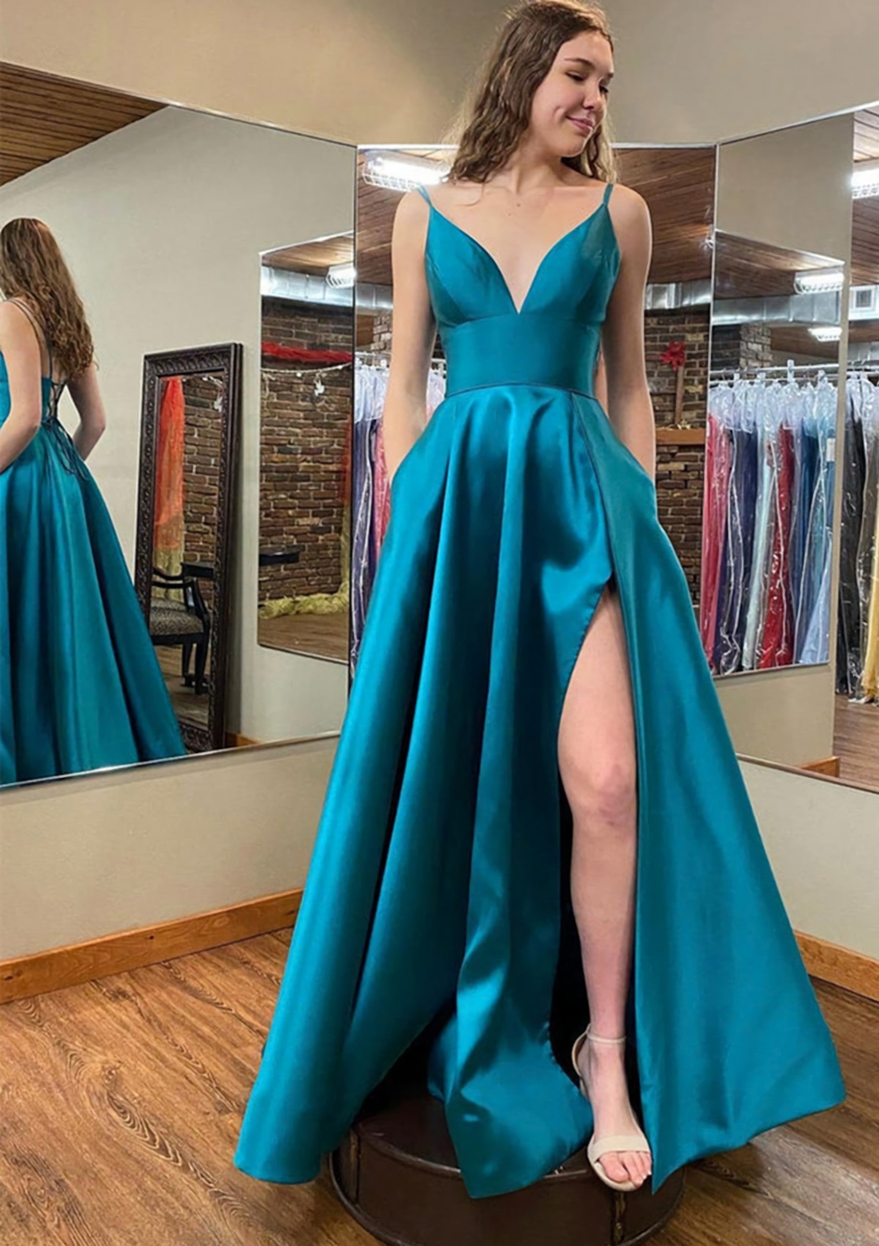 A Line V Neck Sleeveless Satin Long Floor Length Prom Dress With Pockets Split