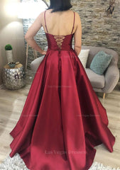 A Line V Neck Spaghetti Straps Long Floor Length Charmeuse Prom Dress With Pockets