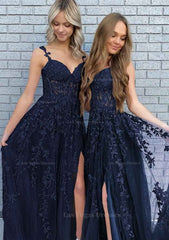 A Line V Neck Spaghetti Straps Long Floor Length Lace Prom Dress With Split