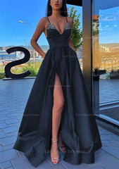 A Line V Neck Spaghetti Straps Long Floor Length Satin Prom Dress With Split Pockets Beading