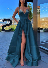 A Line V Neck Spaghetti Straps Long Floor Length Satin Prom Dress With Split Pockets Beading