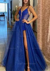 A Line V Neck Spaghetti Straps Long Floor Length Tulle Prom Dress With Appliqued Glitter Split Left