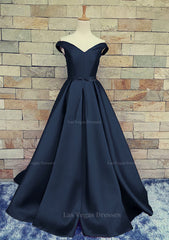 Ball Gown Off The Shoulder Sweep Train Satin Prom Dresses With Waistband