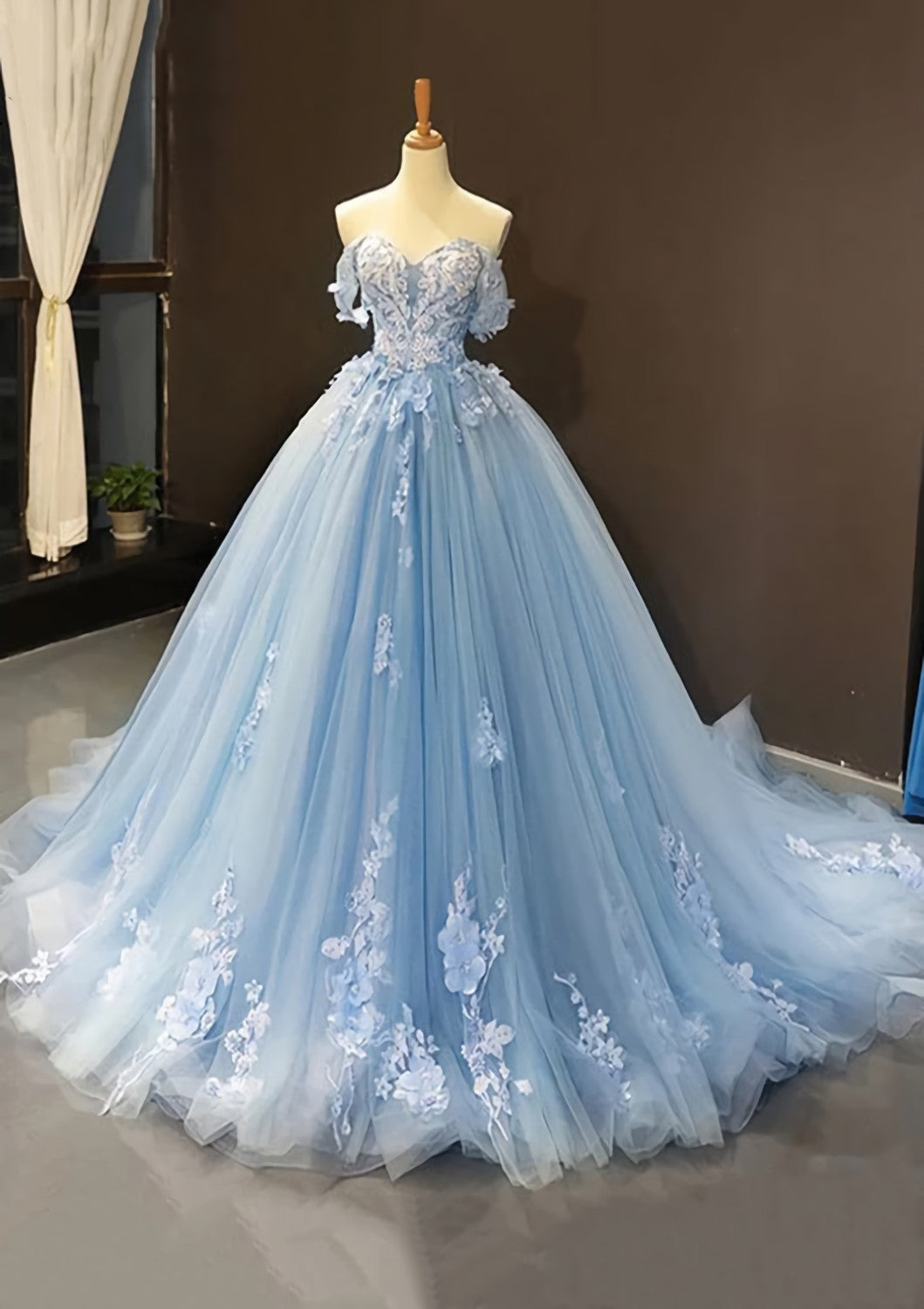 Ball Gown Off The Shoulder Sweep Train Tulle Prom Dress With Appliqued