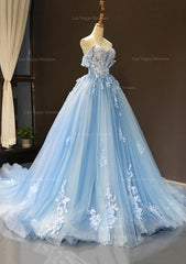 Ball Gown Off The Shoulder Sweep Train Tulle Prom Dress With Appliqued