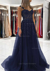 Ball Gown Princess Sweetheart Tulle Sweep Train Prom Dress With Appliqued Lace