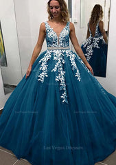 Ball Gown Sleeveless Long Floor Length Tulle Prom Dress With Lace Appliqued Beading