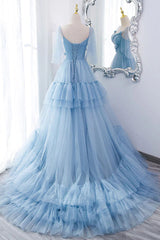 A Line V Neck New Style Tiered Long Tulle Prom Dress, Evening Gown with Flower