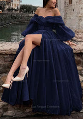 Princess Off The Shoulder Sweep Train Tulle Prom Dress With Pleated Split