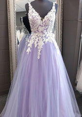 Princess V Neck Long Floor Length Tulle Prom Dress With Appliqued Lace