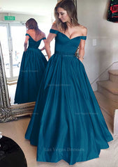 Satin Prom Dress A Line Princess Off The Shoulder Long Floor Length With Beaded