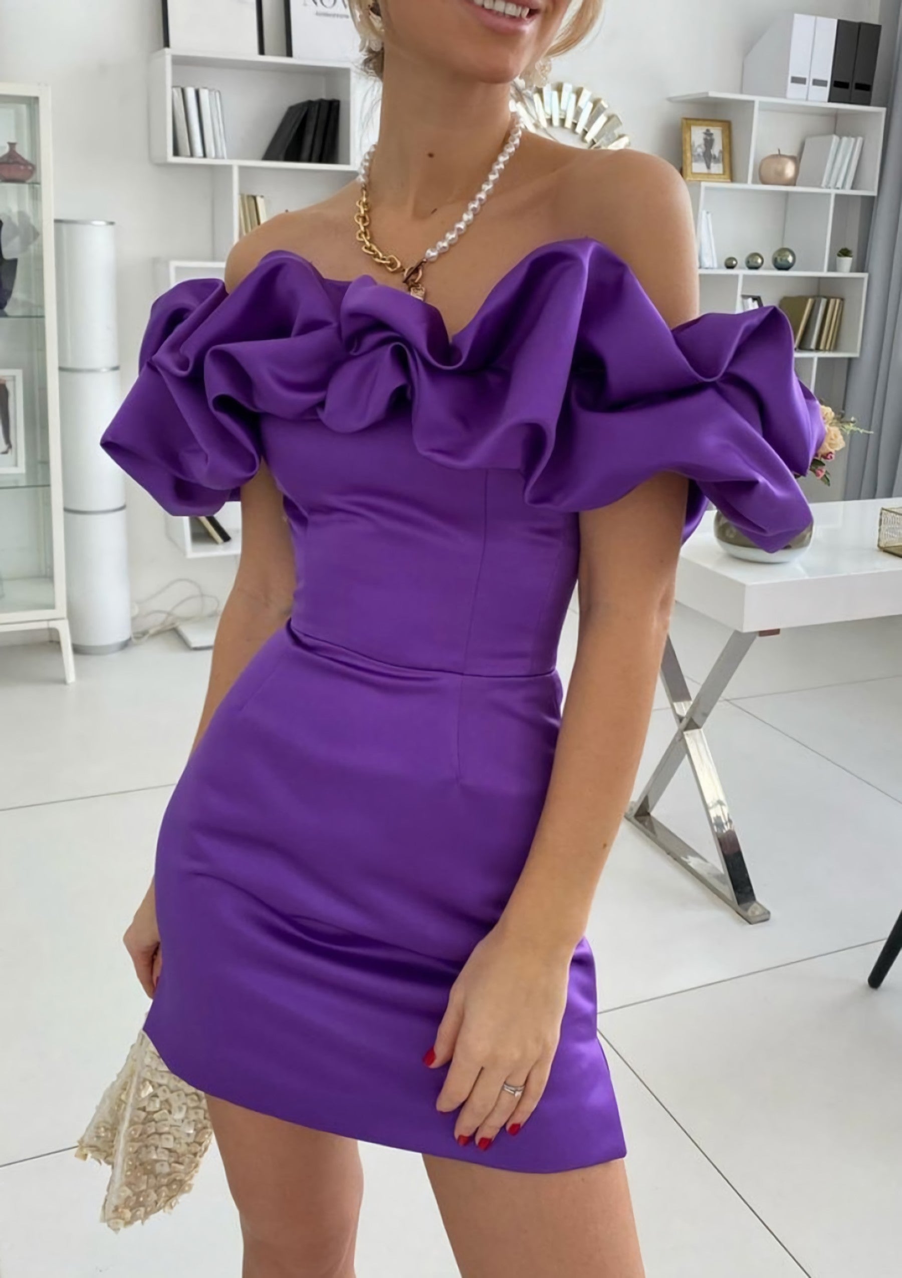 Sheath Column Off The Shoulder Sleeveless Satin Short Mini Homecoming Dress With Ruffles