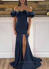 Sheath Column Off The Shoulder Sleeveless Sweep Train Satin Prom Dress With Ruffles Split