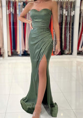 Sheath Column Sweetheart Sleeveless Charmeuse Long Floor Length Prom Dress With Pleated Split