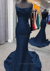 Trumpet Mermaid Cowl Neck Spaghetti Straps Sweep Train Jersey Prom Dress With Pleated