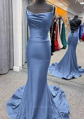 Trumpet Mermaid Cowl Neck Spaghetti Straps Sweep Train Jersey Prom Dress With Pleated