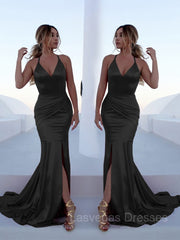 Trumpet/Mermaid Halter Sweep Train Silk like Satin Prom Dresses With Leg Slit