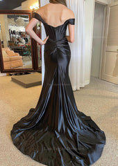 Trumpet Mermaid Off The Shoulder Regular Straps Court Train Silk Like Satin Prom Dress With Pleated Split