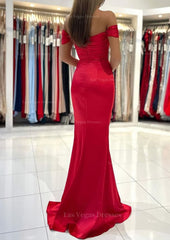 Trumpet Mermaid Off The Shoulder Short Sleeve Long Floor Length Satin Prom Dress With Pleated Split