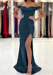 Trumpet Mermaid Off The Shoulder Short Sleeve Long Floor Length Satin Prom Dress With Pleated Split