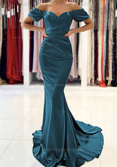 Trumpet Mermaid Off The Shoulder Short Sleeve Satin Sweep Train Prom Dress With Pleated