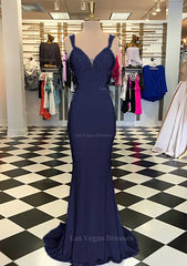 Trumpet Mermaid Scalloped Neck Sleeveless Sweep Train Elastic Satin Prom Dress With Appliqued