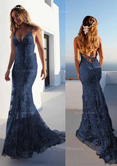 Trumpet Mermaid Spaghetti Straps Court Train Lace Prom Dress