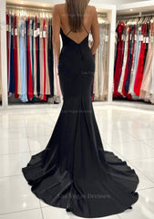 Trumpet Mermaid V Neck Sweep Train Sleeveless Elastic Satin Prom Dress