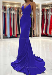 Trumpet Mermaid V Neck Sweep Train Sleeveless Elastic Satin Prom Dress