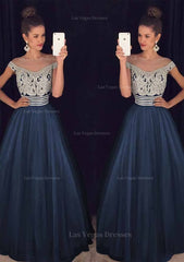 Tulle Long Floor Length A Line Princess Sleeveless Bateau Zipper Prom Dress With Beaded